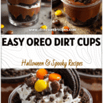 Easy dirt pudding cups with Oreo crumbs and Halloween candy decorations in clear pudding cups.